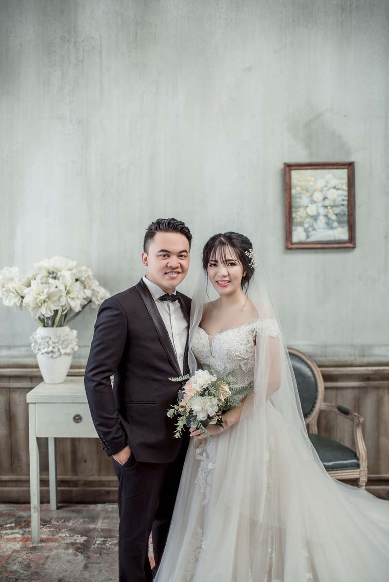event, wedding, wife, emotion, inside, wedding dress, heterosexual couple, marriage, romance, men, gown, hands, bridegroom, smiling, wall, house, young couple