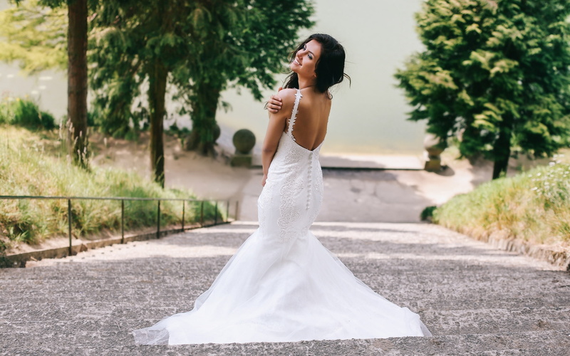 2K, event, married, outdoors, white color, wedding dress, tree, white, s, sleeveless, young women, dress, fashion, women, full length, ladder, mood, wedding