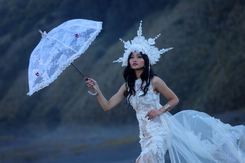 beauty, standing, pretty, gown, real people, wearing, front view, clothing, holding, nature, umbrella, hairstyle, women, beautiful woman, person, woman