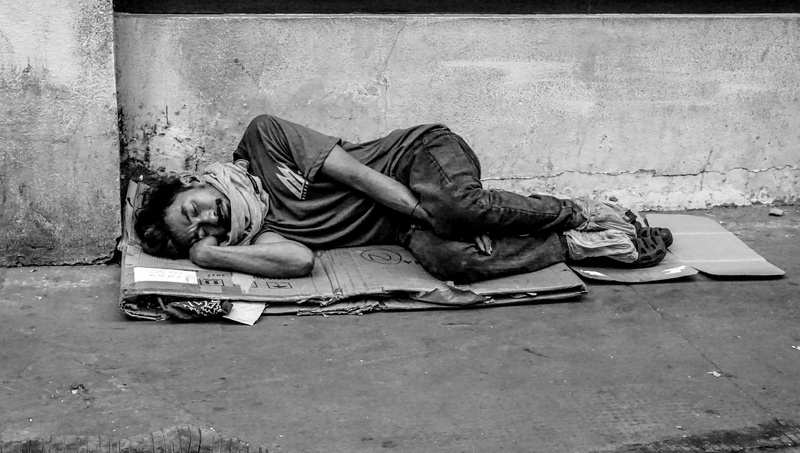 unemployment, dirty, casual clothing, 4K, relaxation, despair, sidewalk, lying down, social issues, street, city, depression - sadness, hopelessness, sleeping