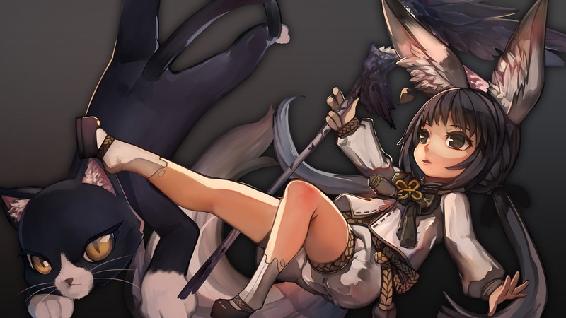 adult, black hair, costume, animal ears, staff, fashion, looking at camera, anime girls, representation, portrait, young women, black color, lifestyles