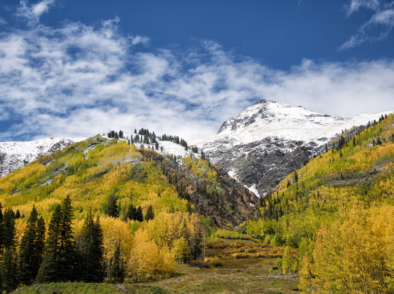 environment, landscape, snowcapped mountain, United States, mountain peak, mountain range, us550, sky, leaves, Colorado, tree, 2013, nikond800e, tranquil scene