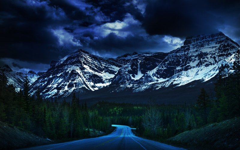 darkblue, falling, nature, 4K, sky, canadianrockies, perspective, photography, blue, roads, mountains, dusk, canada, clouds, storms, darkness