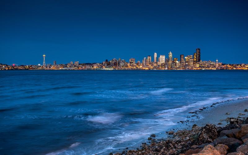 beach, seattlewashington, darkblue, night, skyline, seattle, washington, beaches, water, blue, landmarks, photography, 4K, dusk, cityscape, city, urban