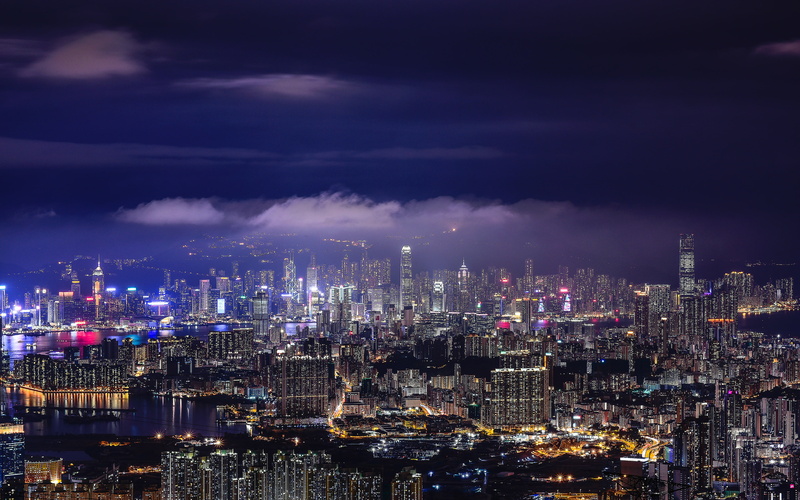 dusk, financial district, 4K, citylights, building, travel destinations, no people, darkblue, skyline, building exterior, built structure, blue, landmarks