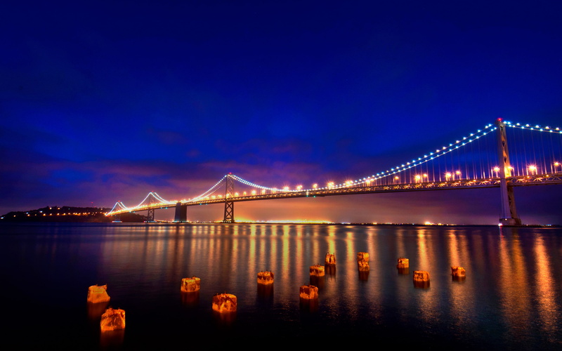 skyscraper, water, night, travel, blue, illuminated, longexposure, bridges, cityscape, hour, sanfrancisco, bays, no people, suspension bridge, nikon, california