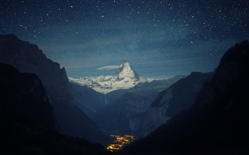 blue, mountains, landmarks, valley, stars, 4K, photography, night, nature, sky, matterhorn, switzerland, lauterbrunnenvalley
