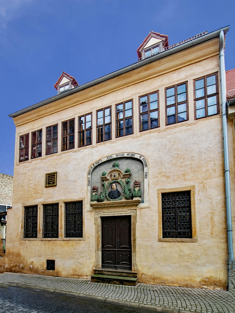 facade, eisleben, places of interest, the past, building, germany, day, old town, patriotism, outdoors, town, christianity, protestants, flag, low angle view