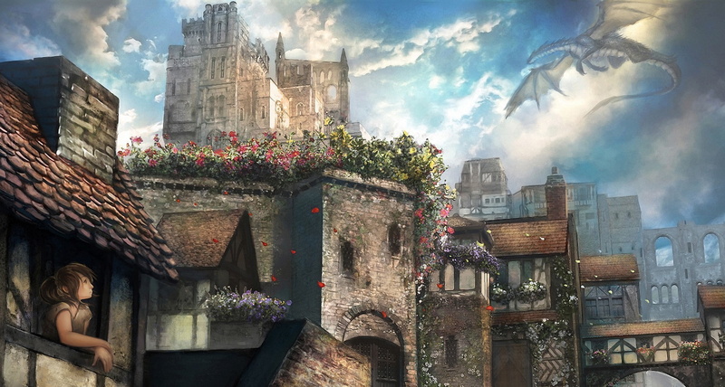 fantasy art, fantasy, flying, art, dragon, girl, houses, 1080P