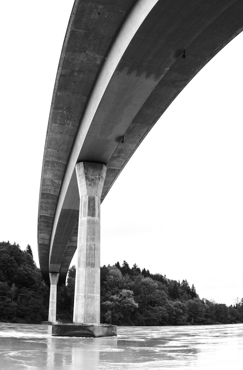 architectural column, landscape, underneath, river, bridge construction, clear sky, bridge, long, concrete, low angle view, day, modern, black white, pillar