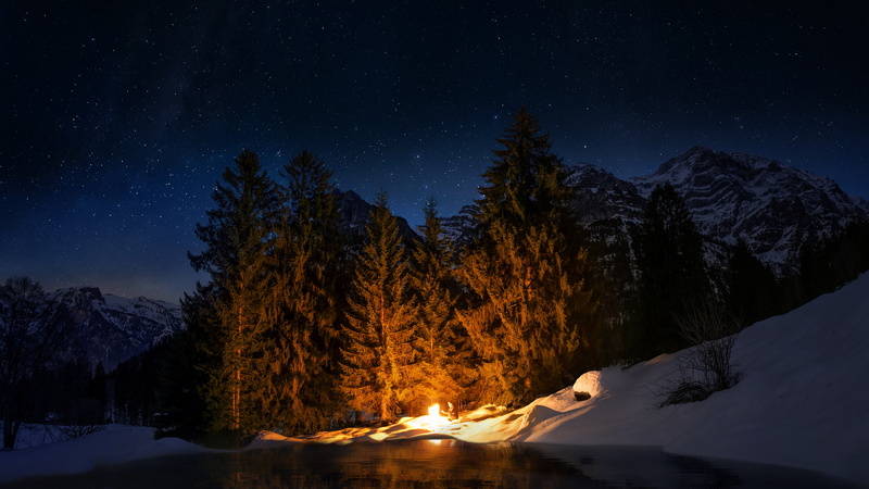 plant, nature, sky, mountain, wanderer, snow, lakes, fire, photography, scenics - nature, mountains, winter, star field, night, darkblue, tranquil scene