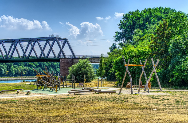 sky, rhine, sun, playground, tree, hdr, river, summer, happy, no people, built structure, clouds, green color, 4K, jungle gym, nature, connection, grass