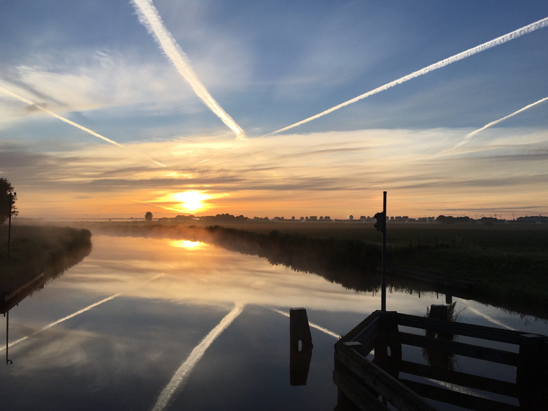 mirroring, water, idyllic, orange color, tranquility, tranquil scene, scenics, landscape, sunset, vapor trail, East Frisia, contrail, beauty in nature