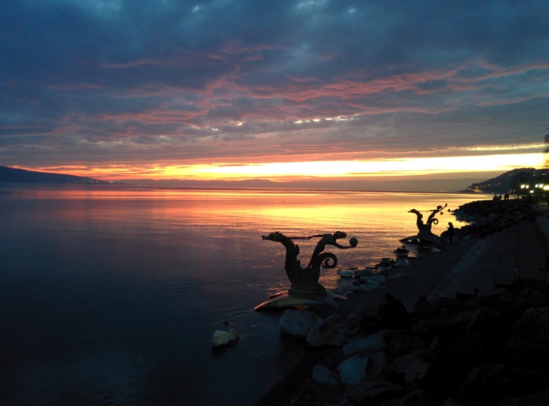 scenics - nature, tranquil scene, sea, nature, sunset, reflection, water, 2K, land, non-urban scene, beach, vevey, silhouette, rock - object, beauty in nature