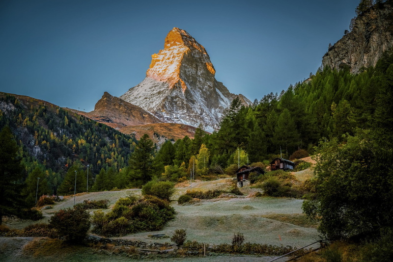 Switzerland, top, 1080P, Zermatt, forest, mountain, houses, The Matterhorn, Alps, Matterhorn Mountain