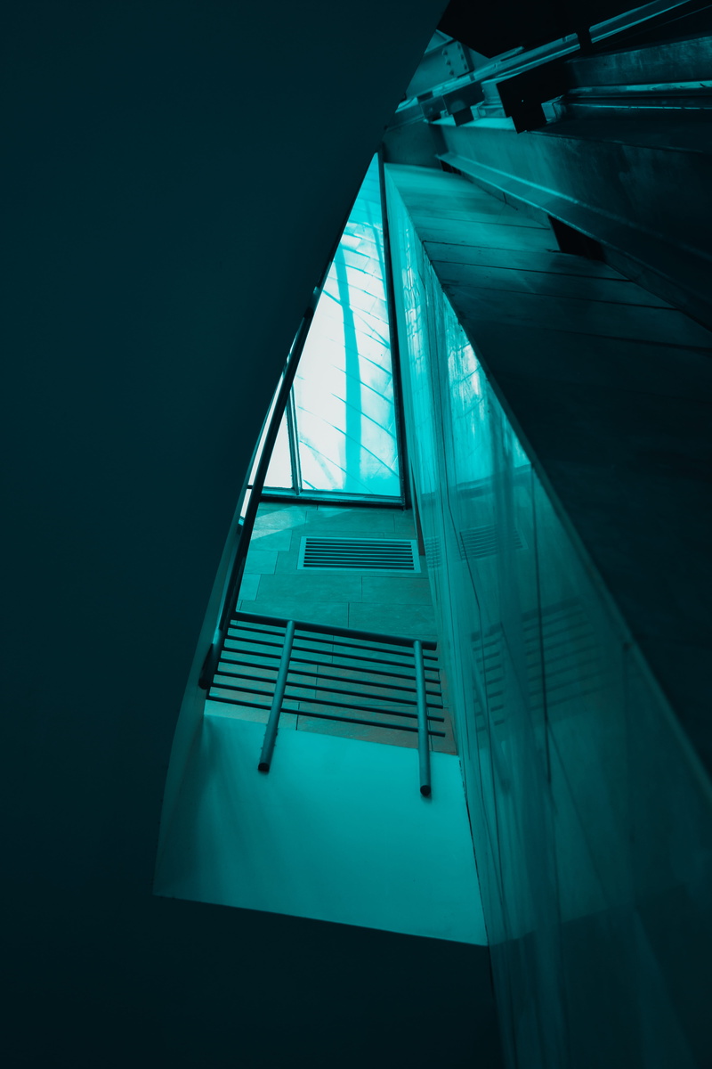 window, blue, bilbao, lightroom, bilbo, nikon, staircase, nature, office building exterior, modern, no people, directly below, building, building exterior