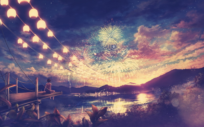 fireworks, anime, tree, water, illuminated, reflection, outdoors, tranquil scene, night, swimming pool, lake, palm tree, sunset, anime girls, plant, idyllic