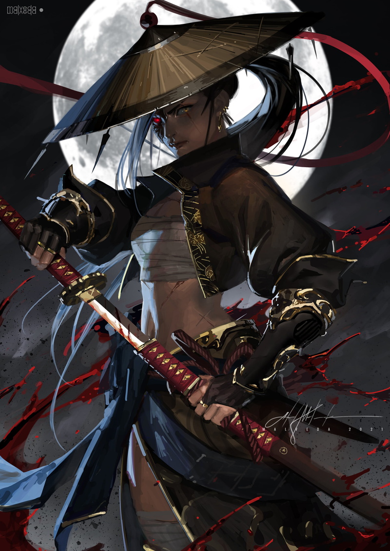 katana, shinobi, 2K, warrior, Malveda (Artist), artwork, straw hat, Black clothes, warrior girls, sarashi, digital art, red eyes