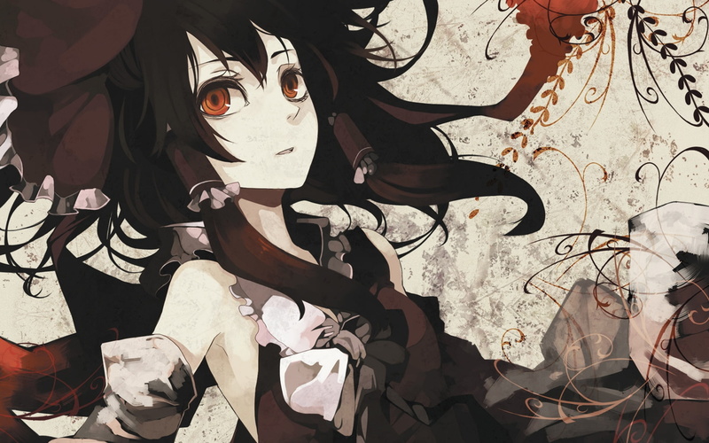 reimu, red, sarashi, blood, grin, anime, hot, brunettes, eyes, s, art, long, bow, hair, 1080P, hakurei, hd, miko, Touhou, detached, spotted