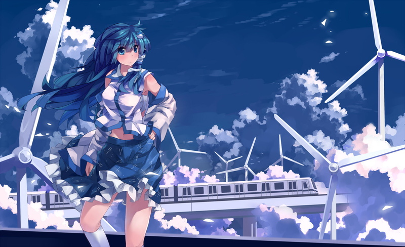 kochiya, blue, sky, sarashi, train, touhou, clouds, nodata, skirt, 1080P, sanae, hair