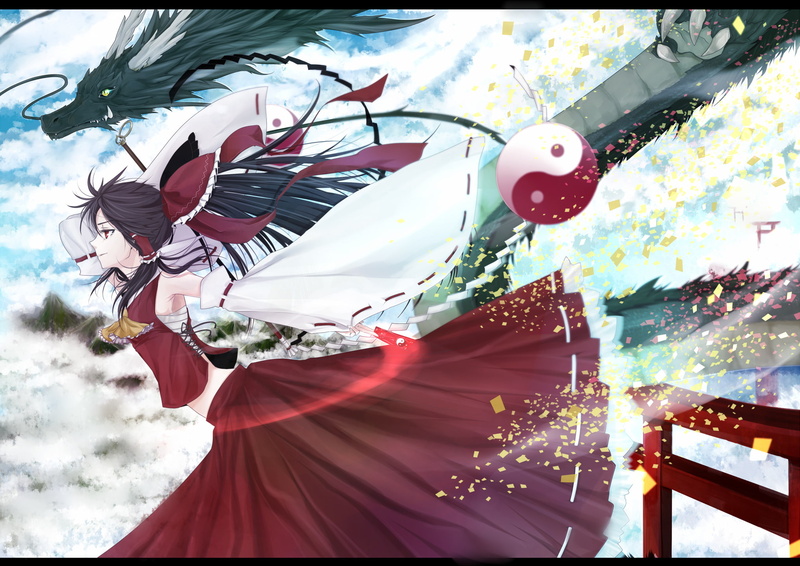 yume, clothes, japanese, hair, clouds, hakurei, eyes, touhou, koucha, bow, reimu, 1080P, long, sarashi, ponytail, miko, sky, black, dragon, red
