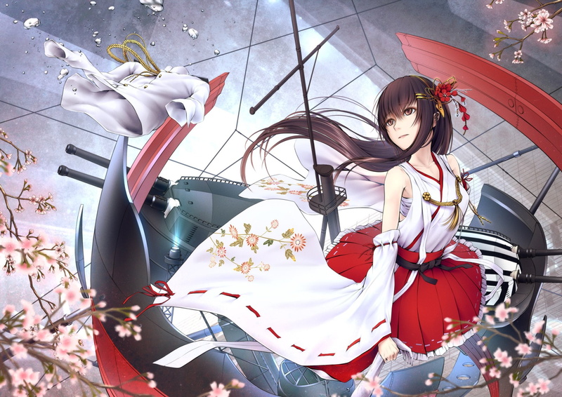 haruna, miko, oki, cherry, eyes, sarashi, japanese, skirt, long, collection, blossoms, hair, (koi0koi), kantai, headband, clothes, 1080P, (kancolle), brown