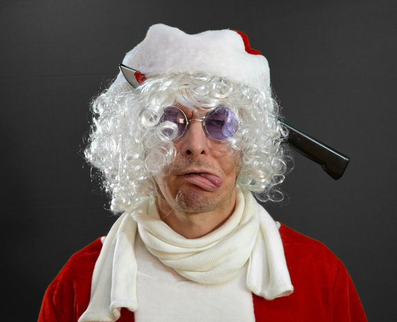 studio shot, christmas eve, looking at camera, comedy, christmas decoration, advent, human hair, christmas, festival, cold, indoors, senior Adult, knife in the head