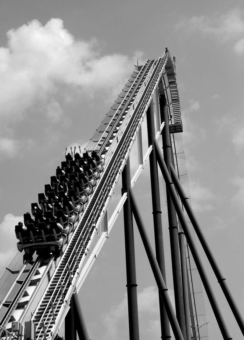thrill, bridge, monochrome, speed, tall - high, high, no people, park, coaster, low angle view, steel, architecture, amusement park, family, joy, people