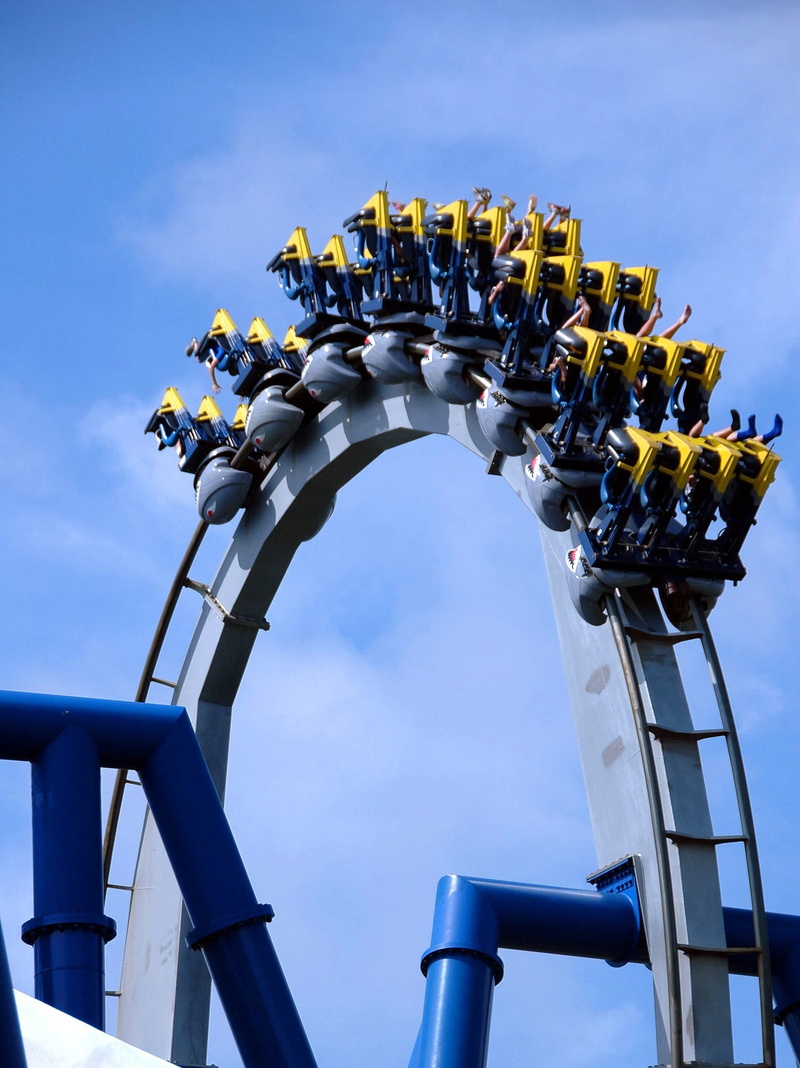 refinery, recreation, enjoyment, scary, theme, People, sky, excitement, roller, blue, adventure, high, park, coaster, outdoors, low angle view, leisure