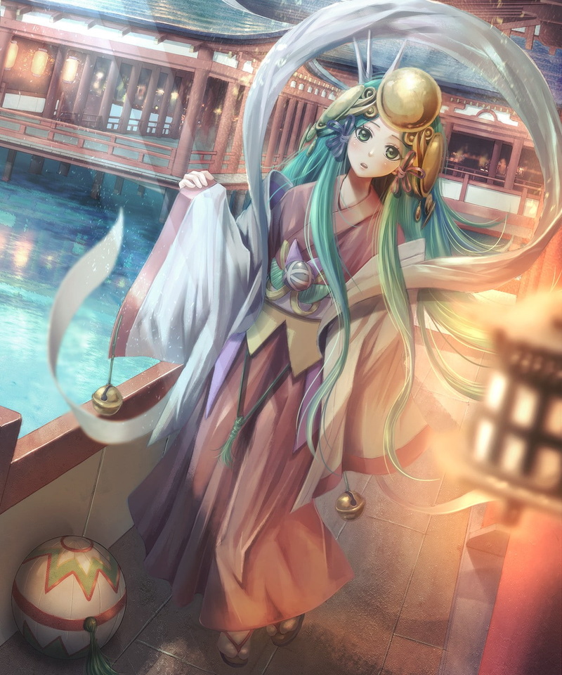 blue hair, anime, green eyes, Amaterasu, 720P, anime girls, long hair