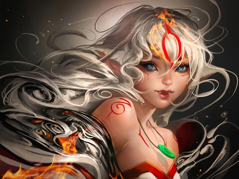 sakimichan, hair, amaterasu, white, animal, blue, 1080P, ears, necklace, fang, eyes, okami