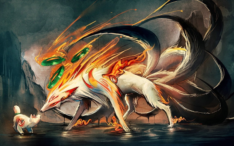 creativity, animal wildlife, ninetails, motion, representation, art and craft, foxes, no people, okami, water, paintings, 2K, sea, digital, day, flowing