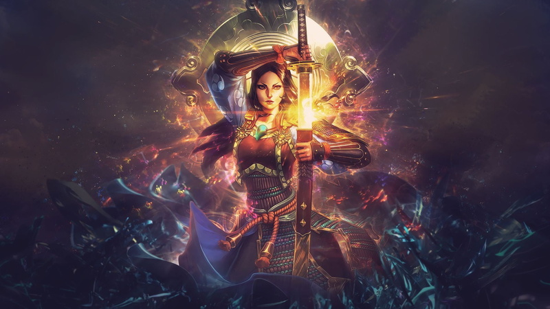 beautiful woman, lights, katana, sword, Smite, radiance, sun goddess, 1080P, богиня солнца, fantasy art, Amaterasu