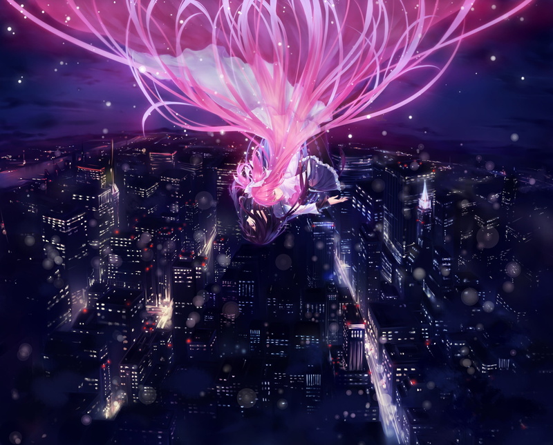night, celebration, falling, cityscape, building exterior, office building exterior, illuminated, architecture, 1080P, Kaname Madoka, firework, light