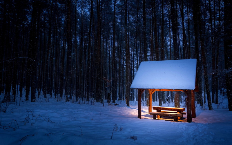 winter, oriel, bench, table, wood, brown, picnic, 2K, snow
