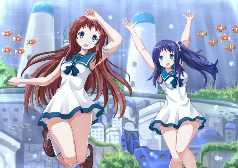 uniforms, white, anime, characters, illustration, two, asukara, nagi, 720P, underwater, sailor, blue, seifuku, school-uniform, girls, long-hair