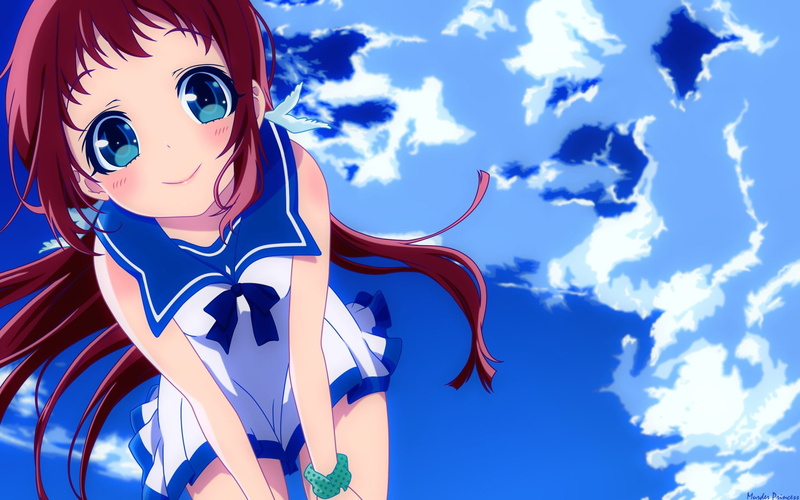 nature, front view, waist up, art and craft, portrait, young women, Anime, paint, Manaka Mukaido, blue, 1080P, women, outdoors, costume, cloud - sky, emotion