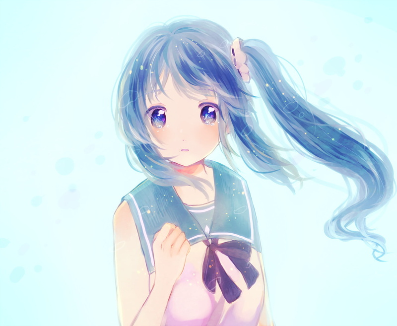 Blush, Water, Blue Hair, Girl, School Uniform, Anime, Nagi no Asukara, Twintails, Blue Eyes, Long Hair, Chisaki Hiradaira, 720P