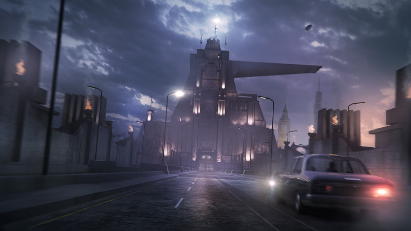 motion, dusk, land vehicle, outdoors, no people, road, night, transportation, illuminated, cloud - sky, built structure, direction, 1080P, wolfenstein the new order