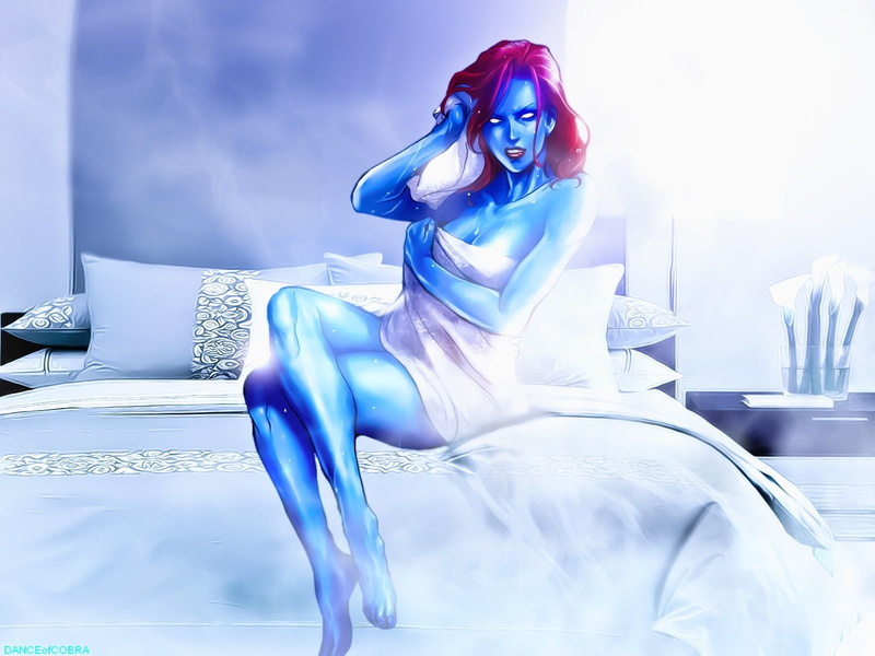 Woman, X-Men, Marvel Comics, Sitting, Towel, 720P, Red Hair, White Eyes, Mystique (Marvel Comics), Bed