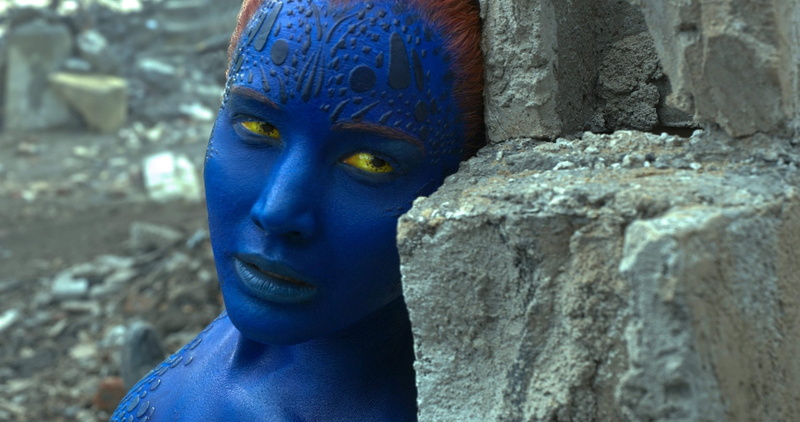paint, human body part, portrait, X-Men: Apocalypse, looking at camera, headshot, looking, Jennifer Lawrence, face paint, Mystique (Marvel Comics), close-up