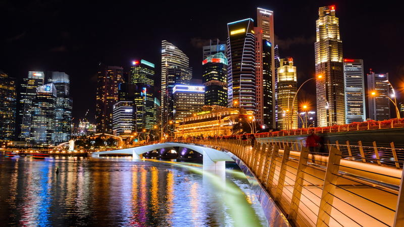 night, marina bay, asia, metropolis, 4K, cityscape, singapore river, jubilee bridge, city, city lights, singapore, architecture, water, skyscraper