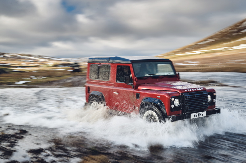 red, Defender Works V8, forcing, river, Land Rover, jubilee spezzare, 5K, SUV, clouds, hills, the sky, stream, 2018