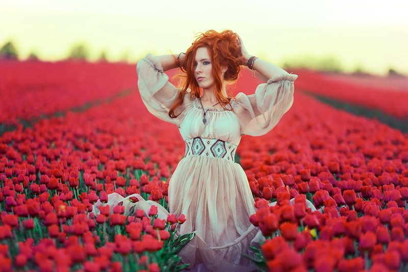 dress, tulips, field, looking away, 1080P, arms up, women outdoors, outdoors, women, standing, flowers, model, Agro (Plants), red flowers, redhead