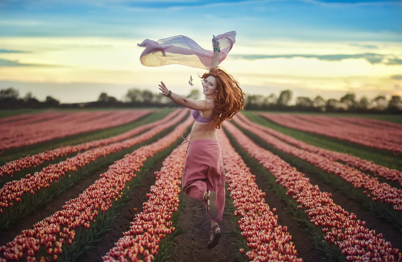jumping, model, flowers, women outdoors, women, Agro (Plants), 1080P, plants, long hair, field