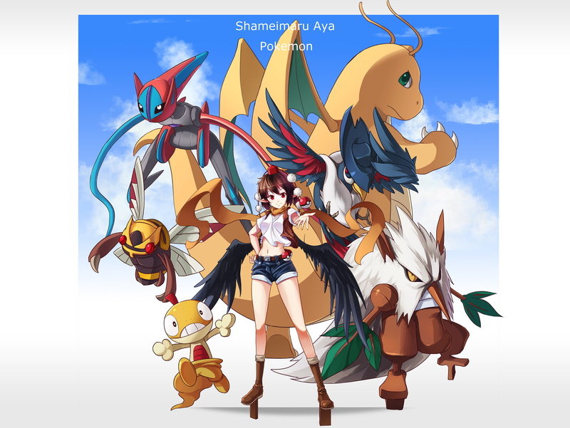 scrafty, pokemon, honchkrow, shinebell, touhou, aya, ninjask, crossover, deoxys, 720P, shiftry, dragonite, shameimaru