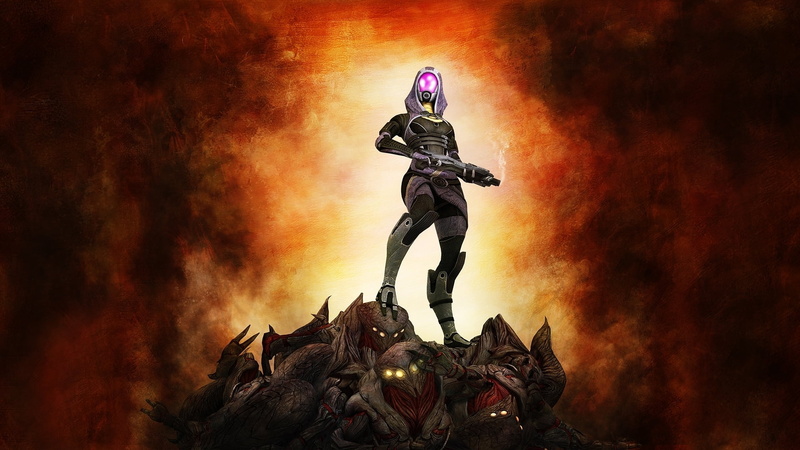 female likeness, the reapers, character, low angle view, online, mass effect 3, holding, fan art, 1080P, game, illuminated, nature, flower, statue, sculpture