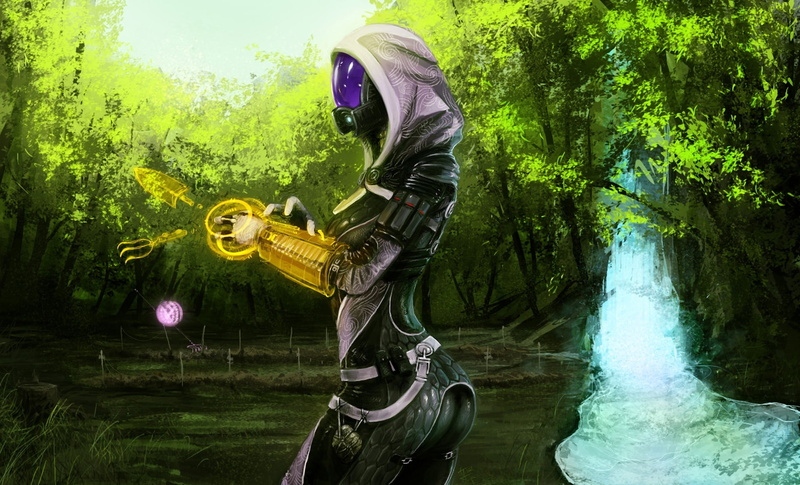 effect, robots, mass, tali, waterfall, robot, instrumentron, cyborgs, 1080P, drone, cyborg, garden, sci fi