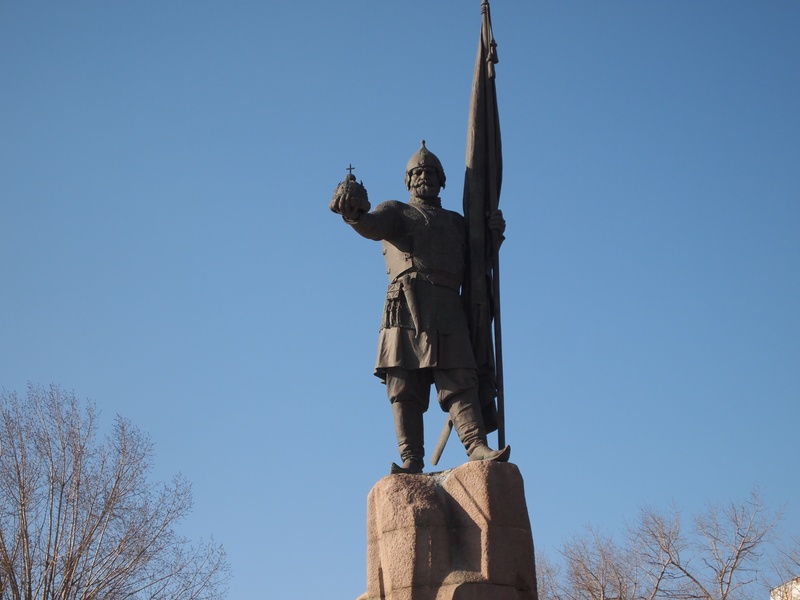 art and craft, clear sky, nature, ermak, no people, low angle view, tree, male likeness, monument of yermak, religion, government, craft, representation