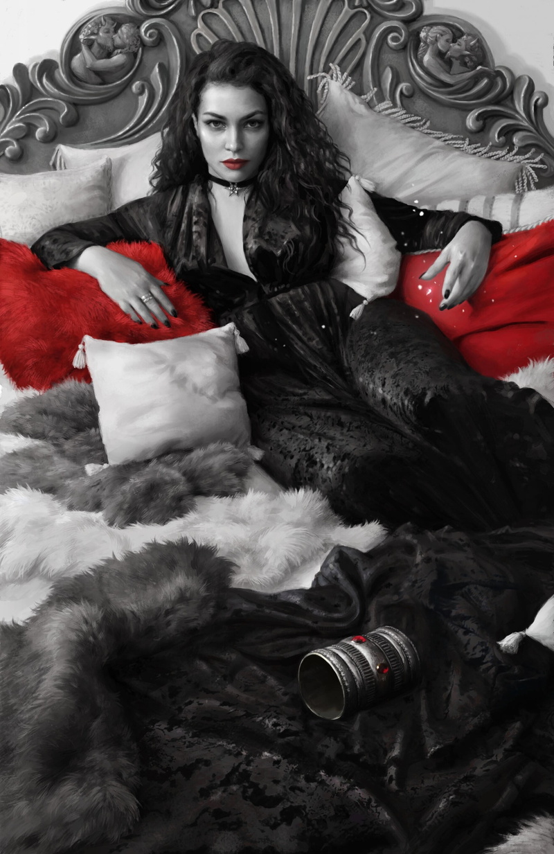 The Witcher 3, ArtStation, robes, book cover, portrait display, Andrzej Sapkowski, fan art, cushions, 2K, looking at viewer, Yennefer of Vengerberg, bed